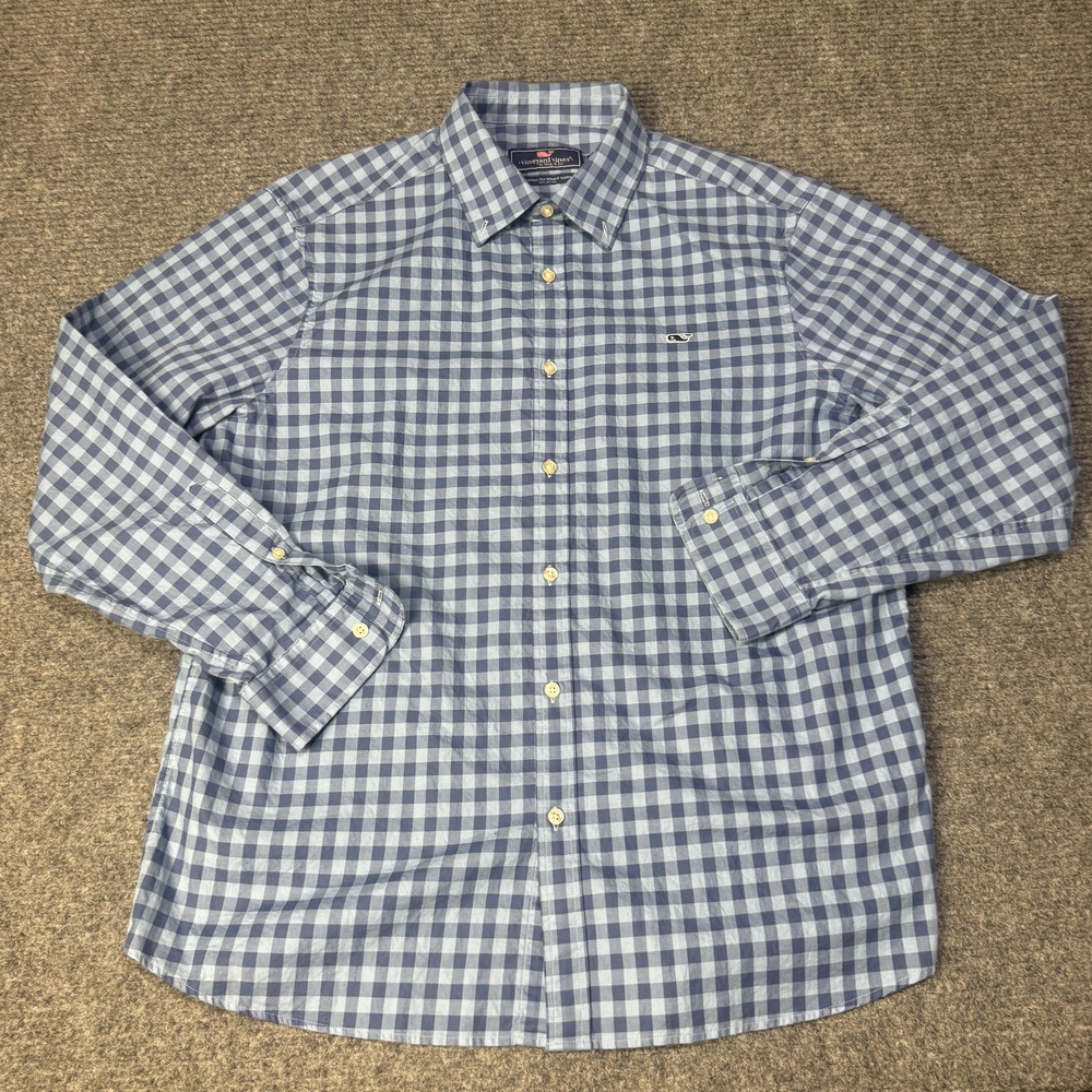 Vineyard Vines Shirt Mens XL Blue Gingham Classic Fit Whale Logo Cotton Casual